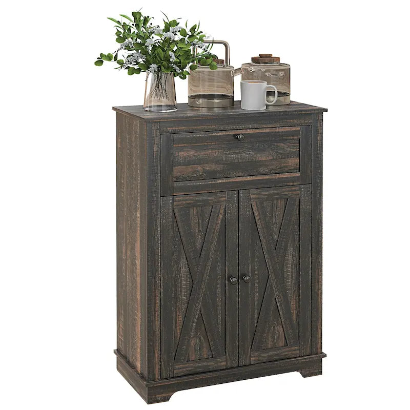Farmhouse Barn Door Accent Cabinet, Kitchen Sideboard Storage Cabinet with Double Doors, Drawer, and Adjustable Shelf