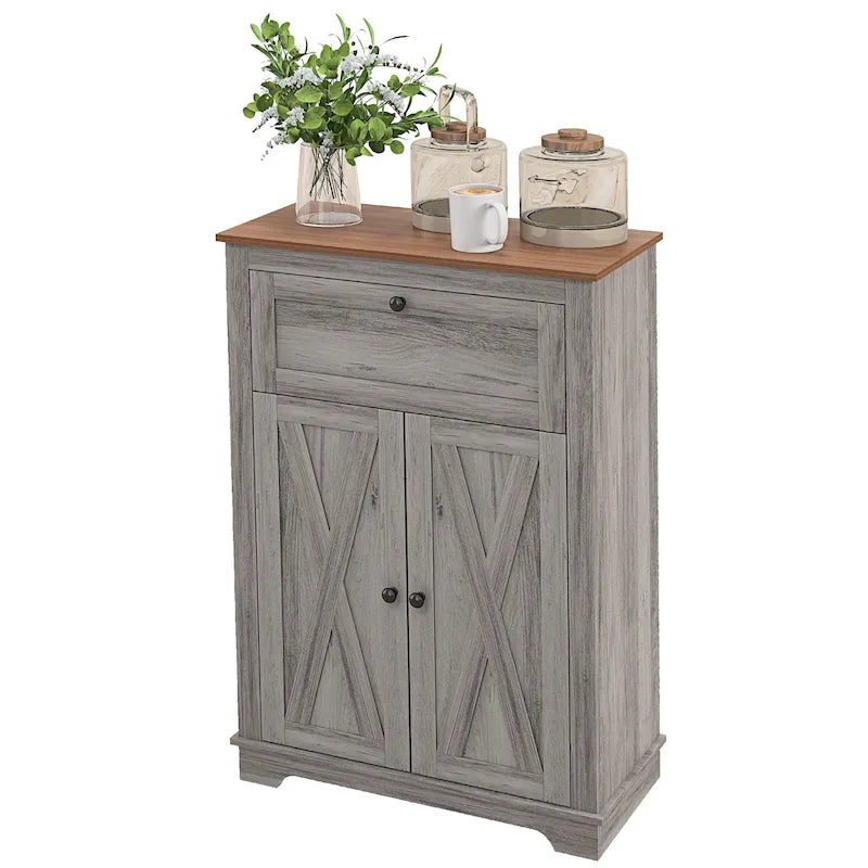Farmhouse Barn Door Accent Cabinet, Kitchen Sideboard Storage Cabinet with Double Doors, Drawer, and Adjustable Shelf