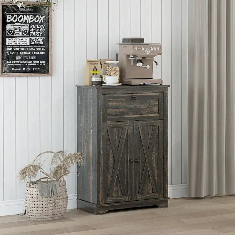 Farmhouse Barn Door Accent Cabinet, Kitchen Sideboard Storage Cabinet with Double Doors, Drawer, and Adjustable Shelf