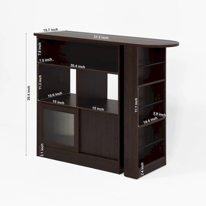 Modern Bar Cabinet with Rotating Top, Counter Height Dining Cabinet with 6 Storage Space and 2 Ribbed Glass Door