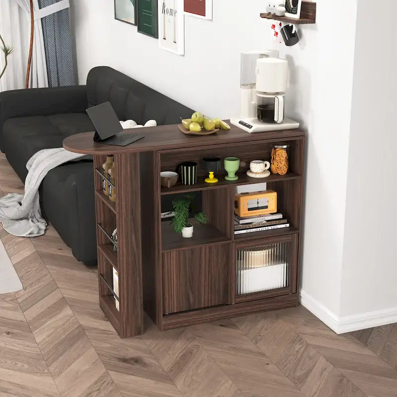 Modern Bar Cabinet with Rotating Top, Counter Height Dining Cabinet with 6 Storage Space and 2 Ribbed Glass Door