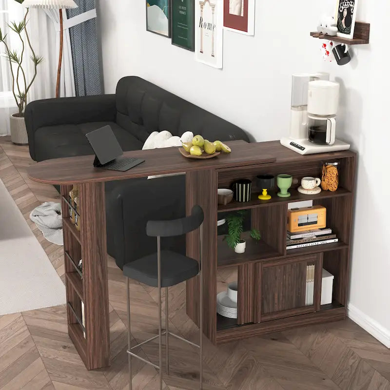 Modern Bar Cabinet with Rotating Top, Counter Height Dining Cabinet with 6 Storage Space and 2 Ribbed Glass Door
