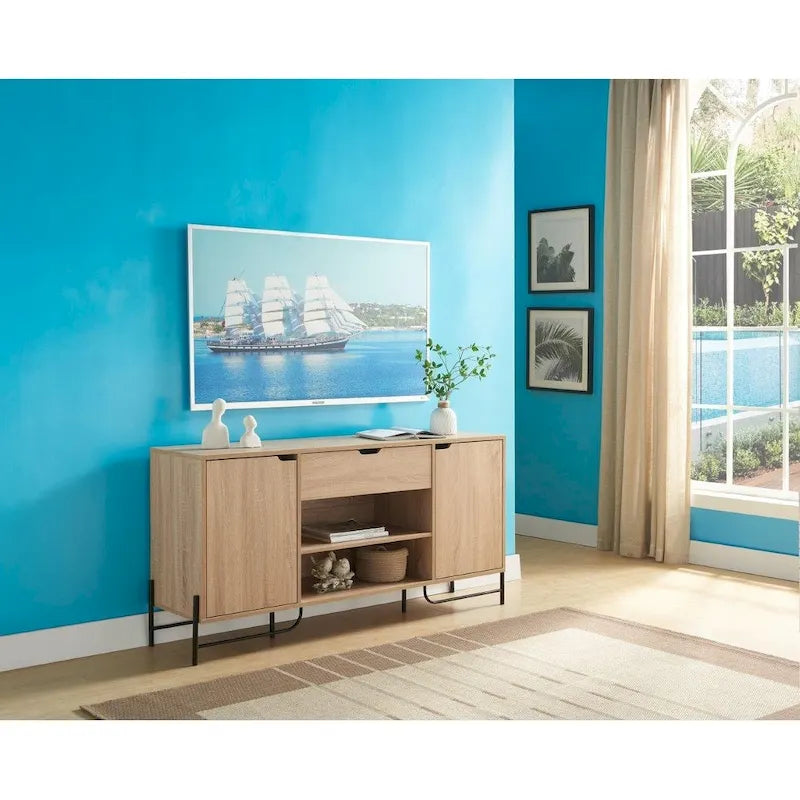 Buffet with Two Cabinets One Drawer with Six Shelves on Metal Legs for Living Room, Entryway, Bedroom