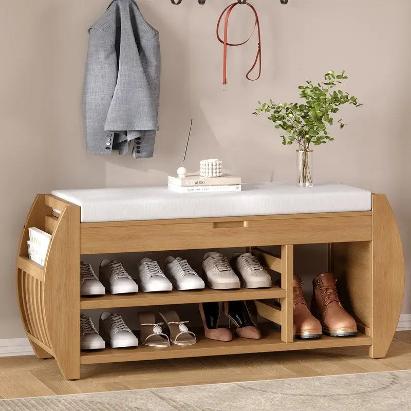 Retro Storage Bench with Cushion and Curved Side Panel for Entrance