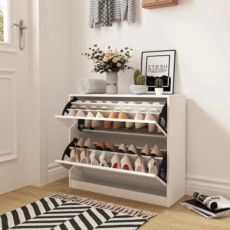 2 Tier Shoe Storage Cabinet with Draders for Entryway,Bedroom, Flip Door Design Shoe Cabinet