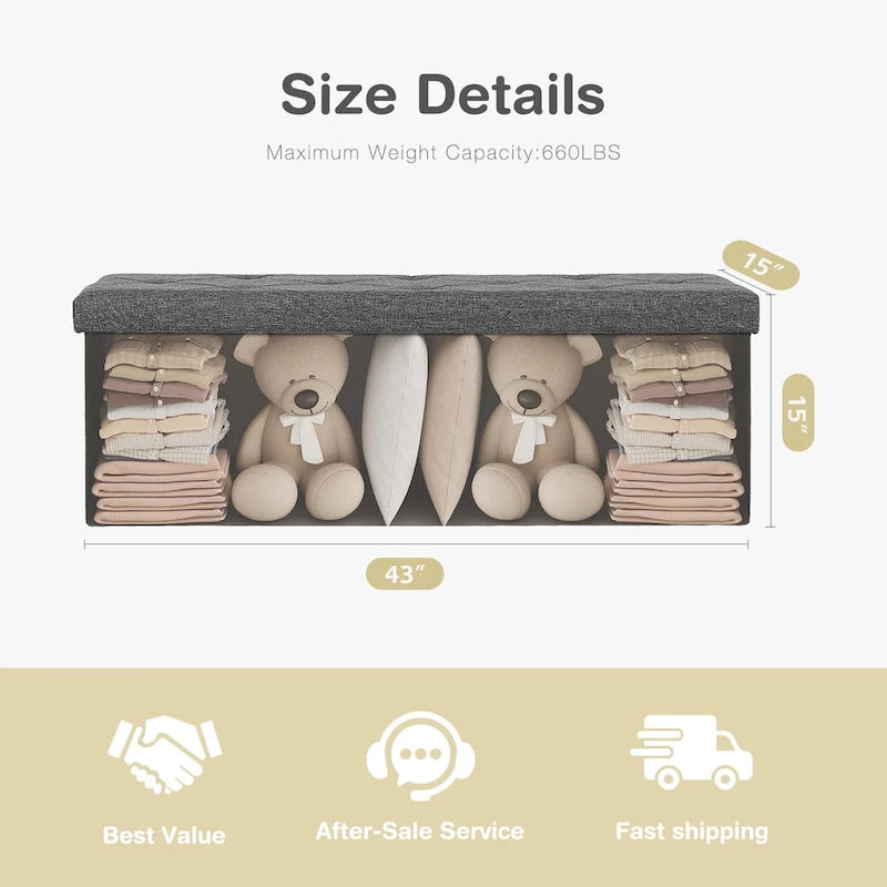 Rectangular Cushion Seat Storage Ottoman Bench, Gray, Large, for Living Room / Entryway / Bedroom