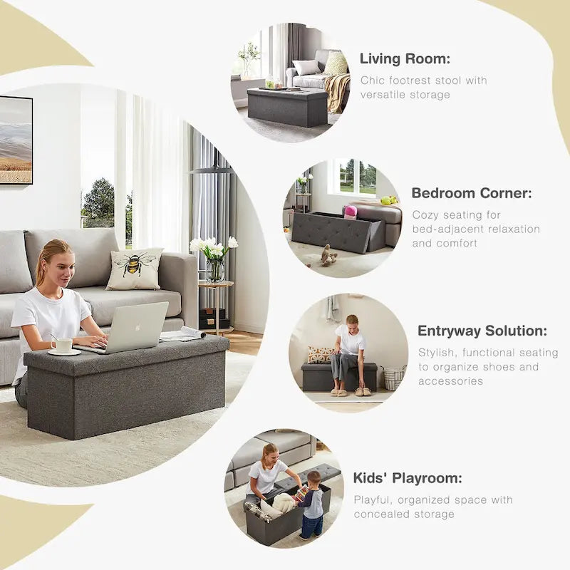 Rectangular Cushion Seat Storage Ottoman Bench, Gray, Large, for Living Room / Entryway / Bedroom