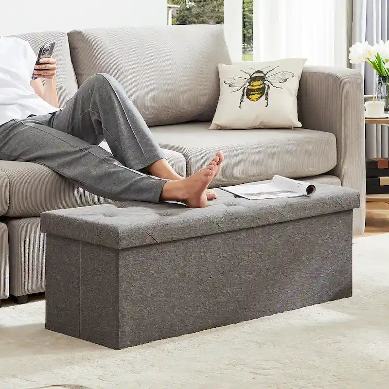 Rectangular Cushion Seat Storage Ottoman Bench, Gray, Large, for Living Room / Entryway / Bedroom