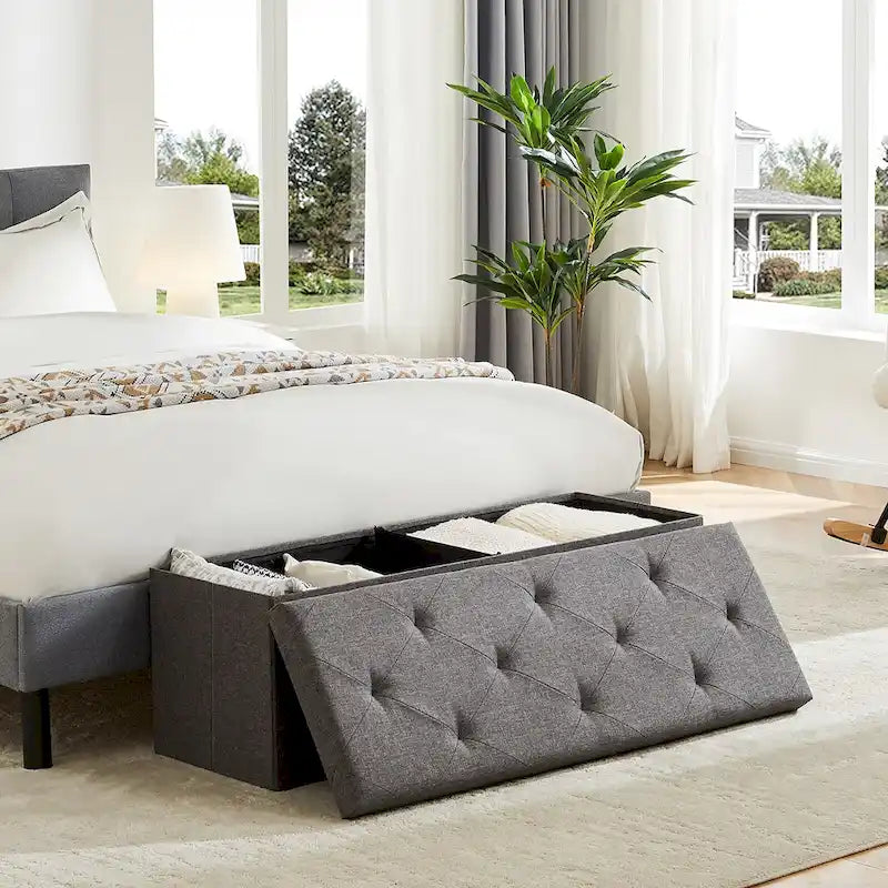 Rectangular Cushion Seat Storage Ottoman Bench, Gray, Large, for Living Room / Entryway / Bedroom