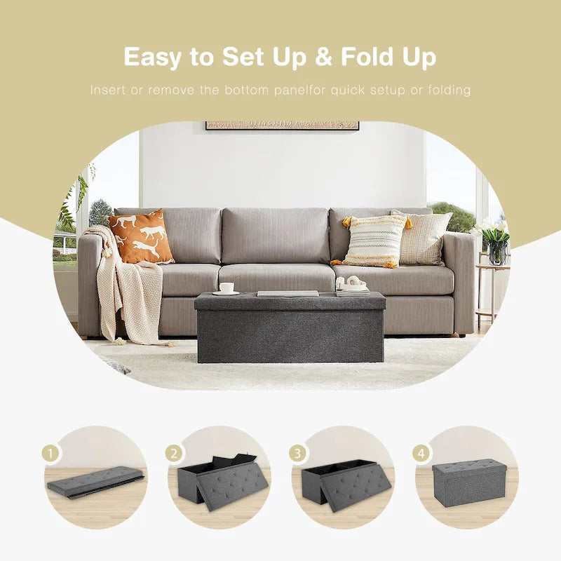 Rectangular Cushion Seat Storage Ottoman Bench, Gray, Large, for Living Room / Entryway / Bedroom