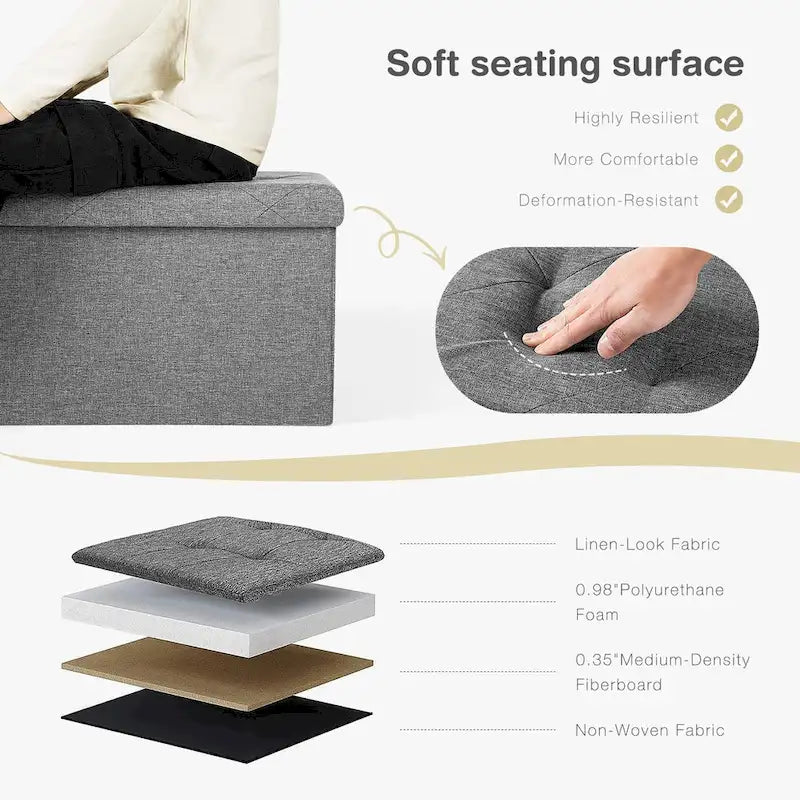 Rectangular Cushion Seat Storage Ottoman Bench, Gray, Large, for Living Room / Entryway / Bedroom