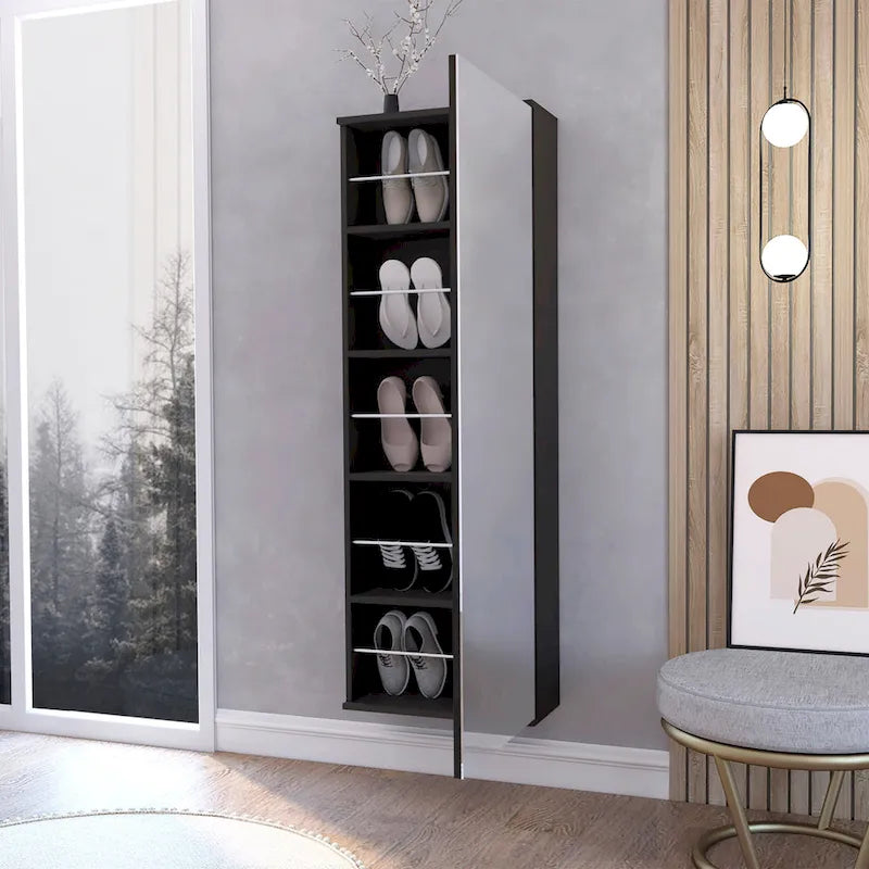 Wall Mounted Shoe Rack with Mirror, Single Door, Black Wenge Finish