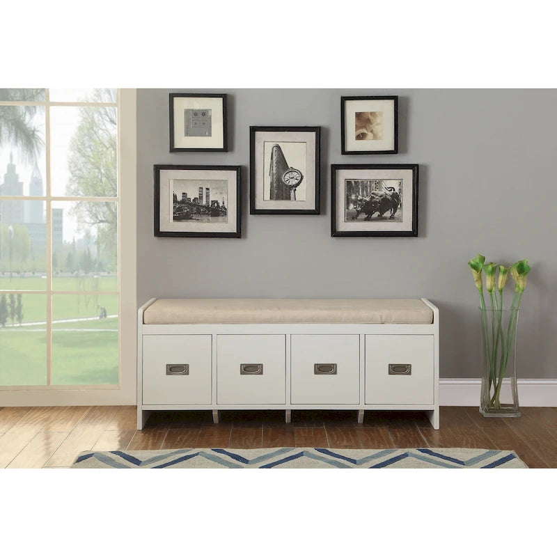 Beige Fabric & White Finish Bench with Storage