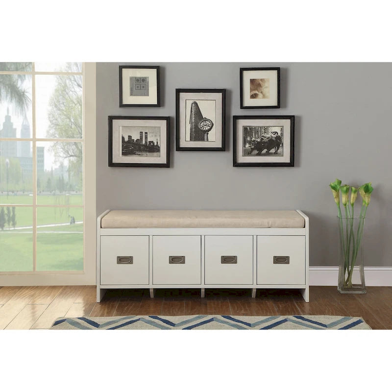 Berci Beige Fabric & White Finish Bench W/Storage