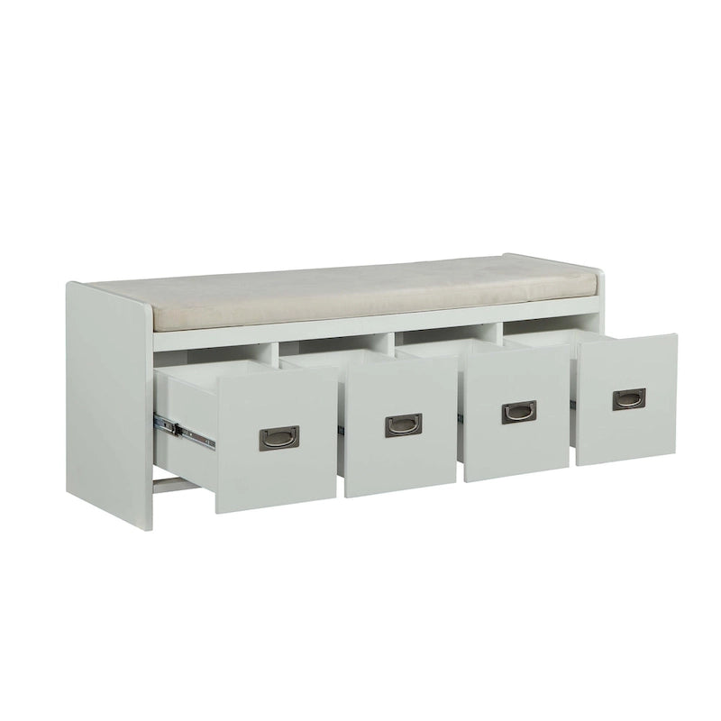 Beige Fabric & White Finish Bench with Storage
