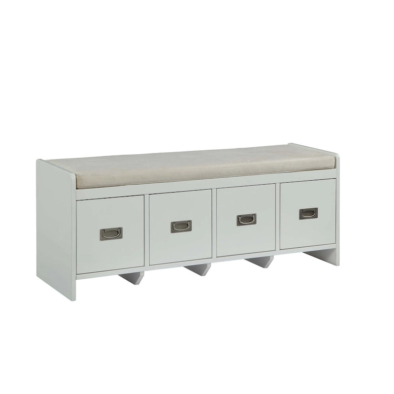 Beige Fabric & White Finish Bench with Storage