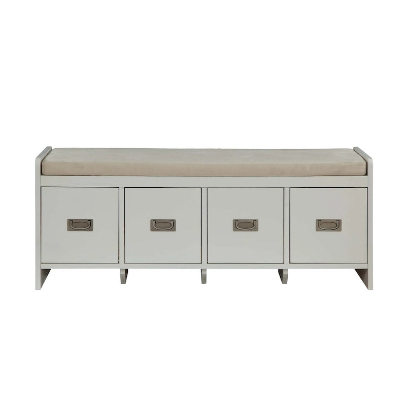 Beige Fabric & White Finish Bench with Storage