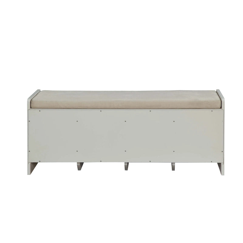 Beige Fabric & White Finish Bench with Storage
