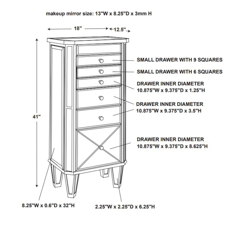 Mirrored Jewelry Armoire with Tapered Legs, 41", Silver