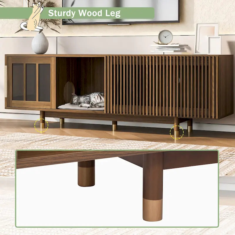 Modern TV Stand with Cat House, Pet-Friendly Entertainment Center with Sliding Glass Door