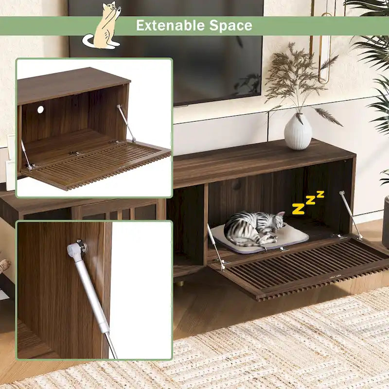 Modern TV Stand with Cat House, Pet-Friendly Entertainment Center with Sliding Glass Door