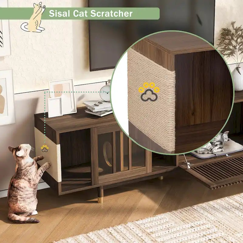 Modern TV Stand with Cat House, Pet-Friendly Entertainment Center with Sliding Glass Door