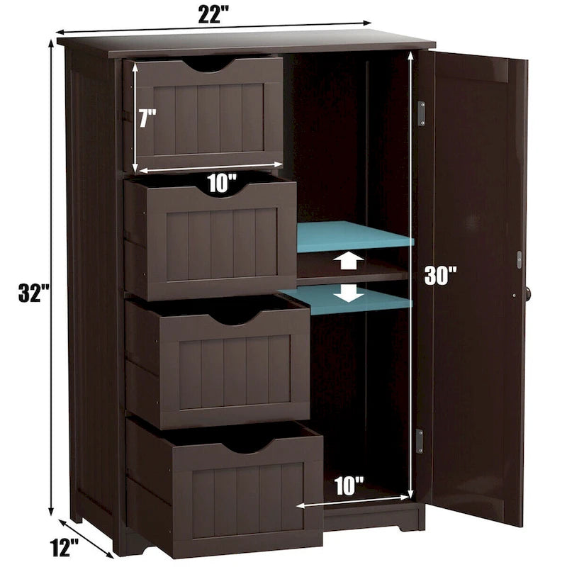 Wooden 4-Drawer Freestanding Bathroom Floor Cabinet, Adjustable