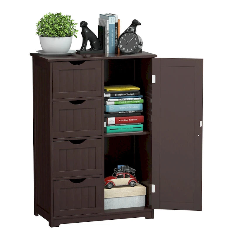 Wooden 4-Drawer Freestanding Bathroom Floor Cabinet, Adjustable
