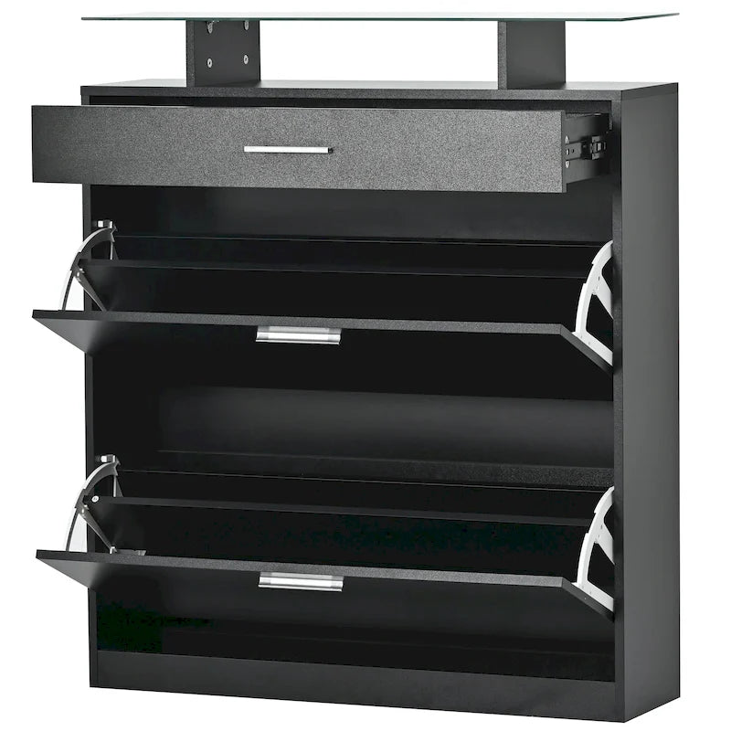 Tempered Glass Top Shoe Storage Cabinet with Drawer