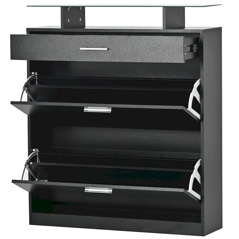 Tempered Glass Top Shoe Storage Cabinet with Drawer
