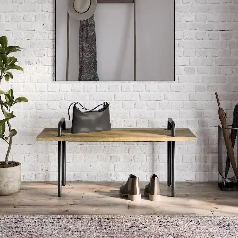 Solid Mango Wood 42" Wide Industrial Entryway Bench, Natural