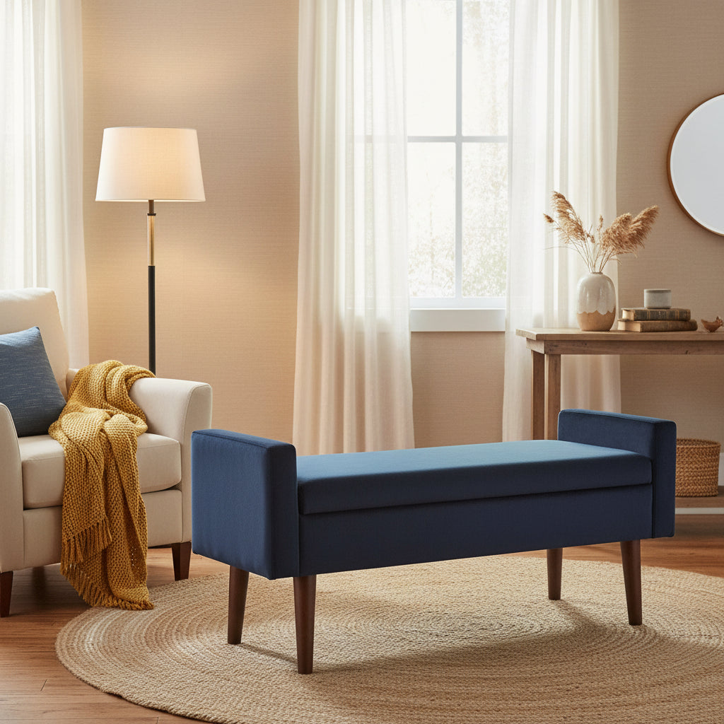 Velvet Upholstered Wooden Bench with Lift Top Storage and Tapered Feet, Navy Blue - 21 H x 48 W x 16 L Inches