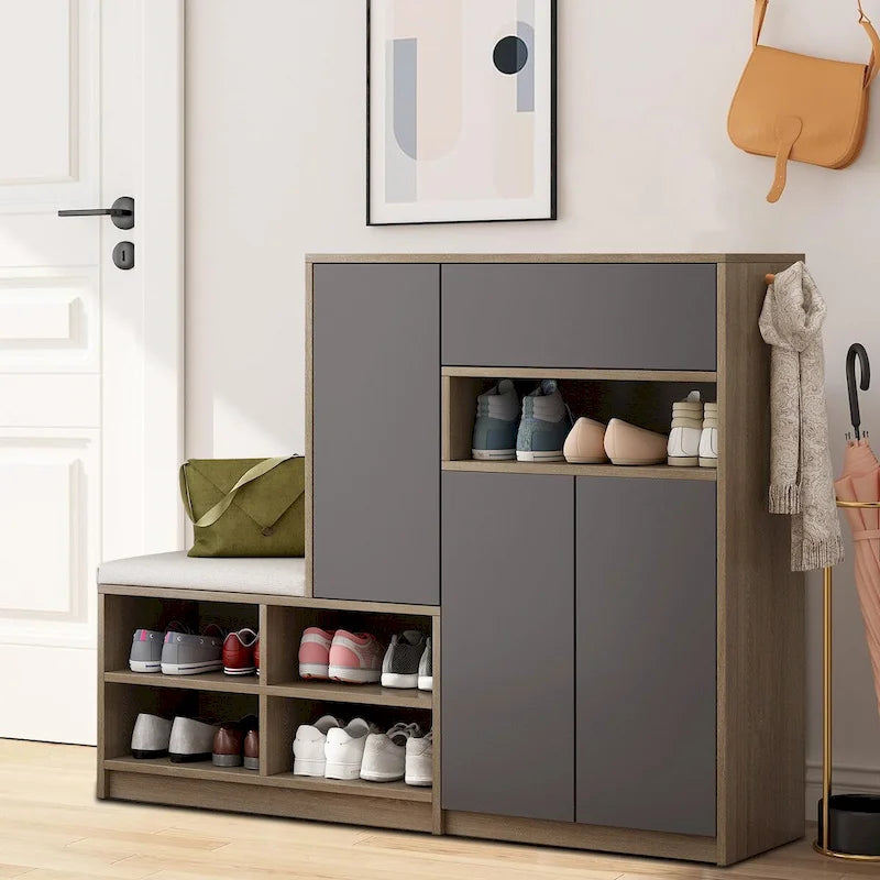 Vintage Minimalist Wooden Shoe Storage Cabinet with Integrated Bench