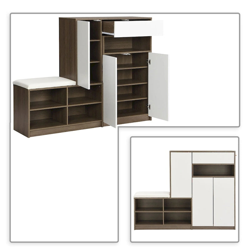 Vintage Minimalist Wooden Shoe Storage Cabinet with Integrated Bench