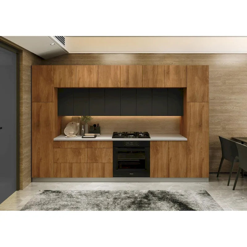 Kitchen Cabinet, Natural Teak & Black, 12Ft Wide