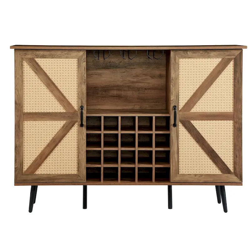 Rustic Wood Storage Cabinet with Wine Rack and Wine Glass Rack