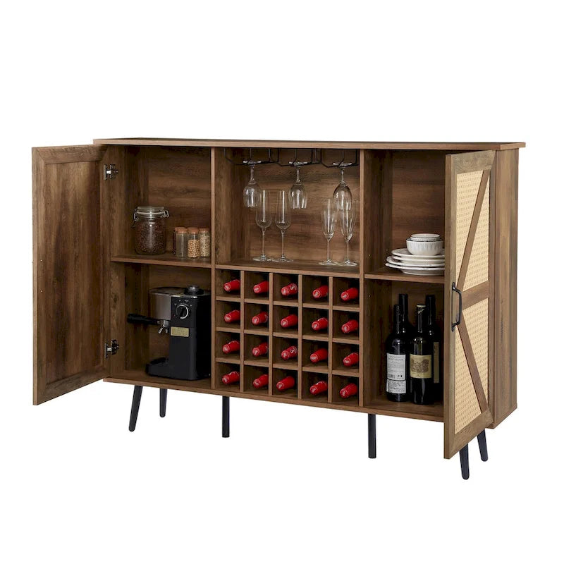 Rustic Wood Storage Cabinet with Wine Rack and Wine Glass Rack