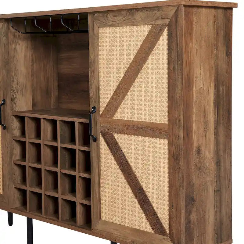 Rustic Wood Storage Cabinet with Wine Rack and Wine Glass Rack