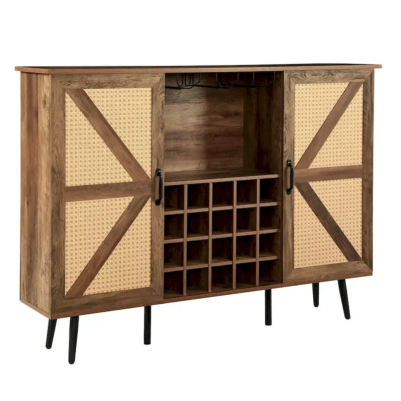 Rustic Wood Storage Cabinet with Wine Rack and Wine Glass Rack