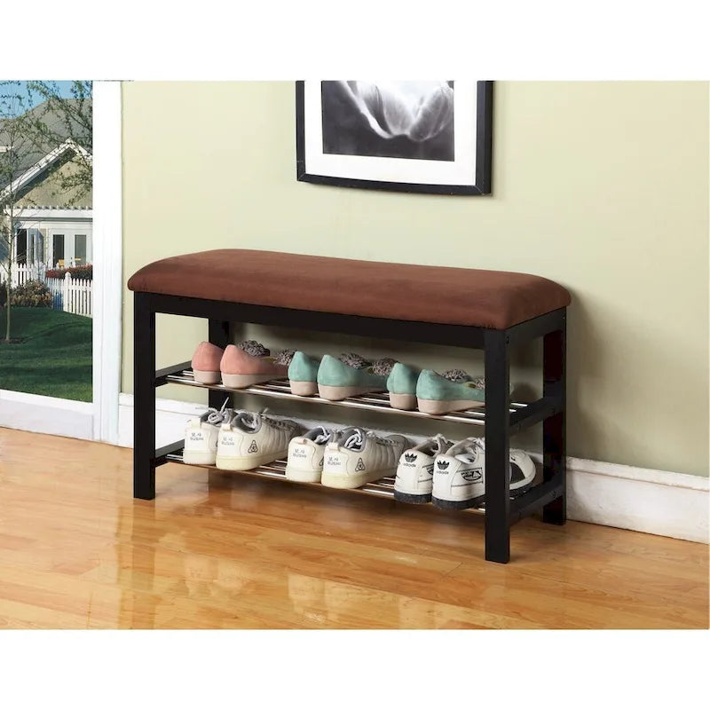 Wood Shoe Bench with Chocolate Microfiber Seat, Espresso