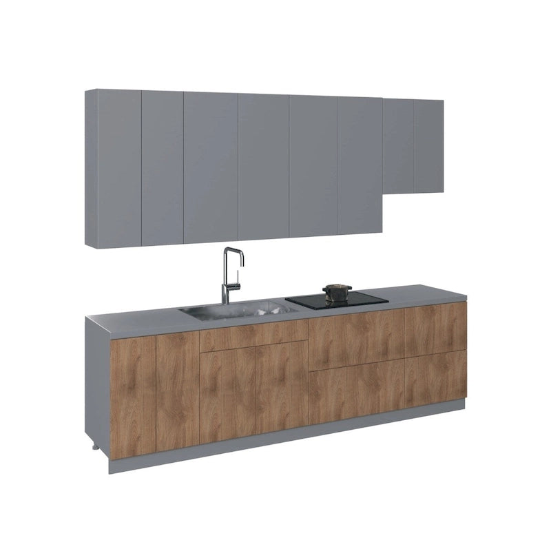 Contemporary Kitchen Cabinet, Natural Teak, 9.5Ft Wide