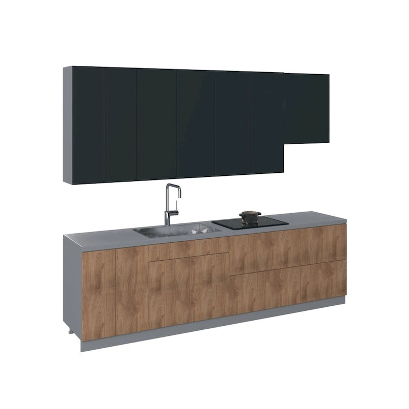 Contemporary Kitchen Cabinet, Natural Teak, 9.5Ft Wide