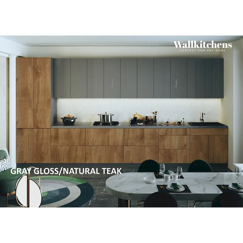 Kitchen Cabinet, Natural Teak & Black, 15Ft Wide