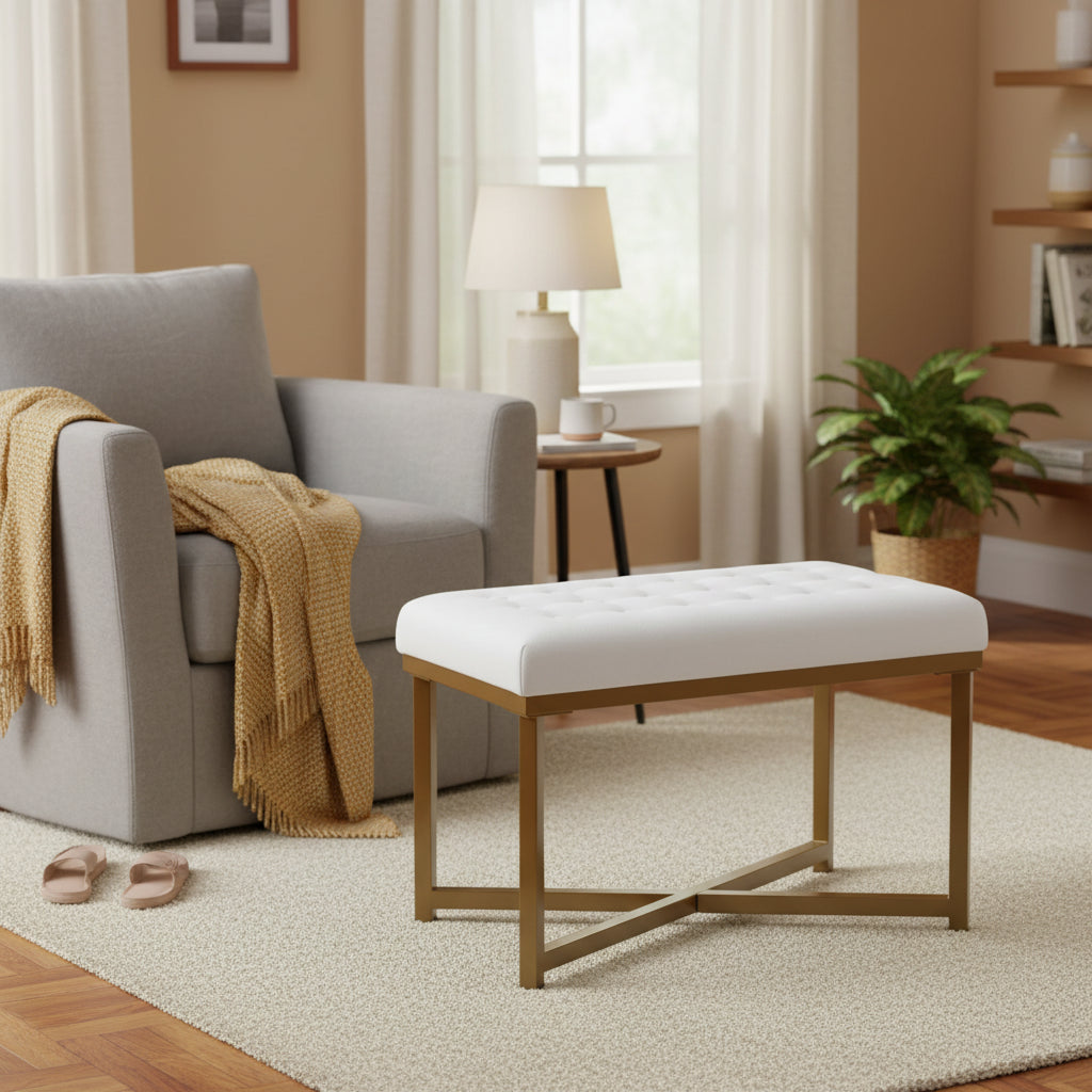 Metal Framed Bench with Button Tufted Velvet Upholstered Seat, White and Gold