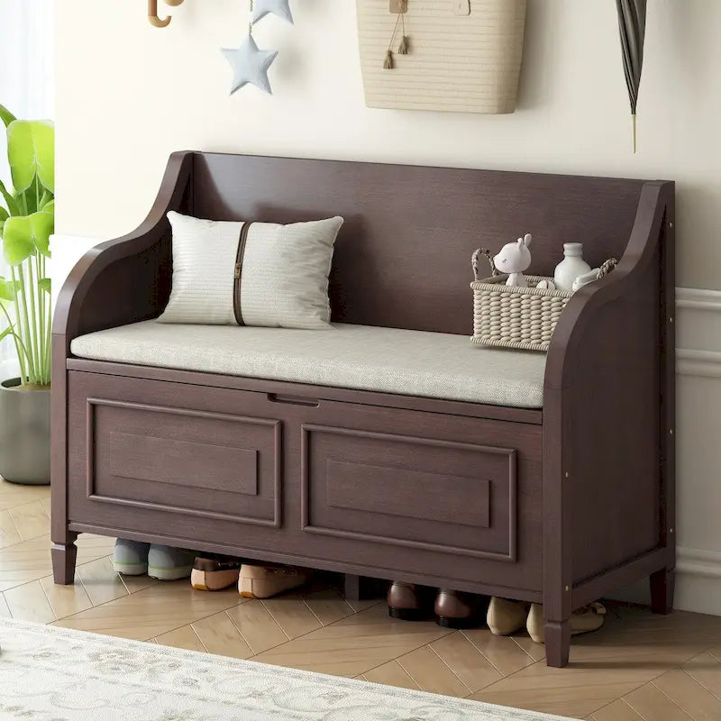 Rustic Style Solid Wood Entryway Multifunctional Storage Bench with Safety Hinge