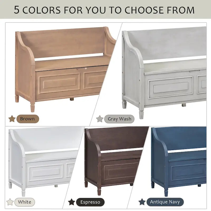 Rustic Style Solid Wood Entryway Multifunctional Storage Bench with Safety Hinge