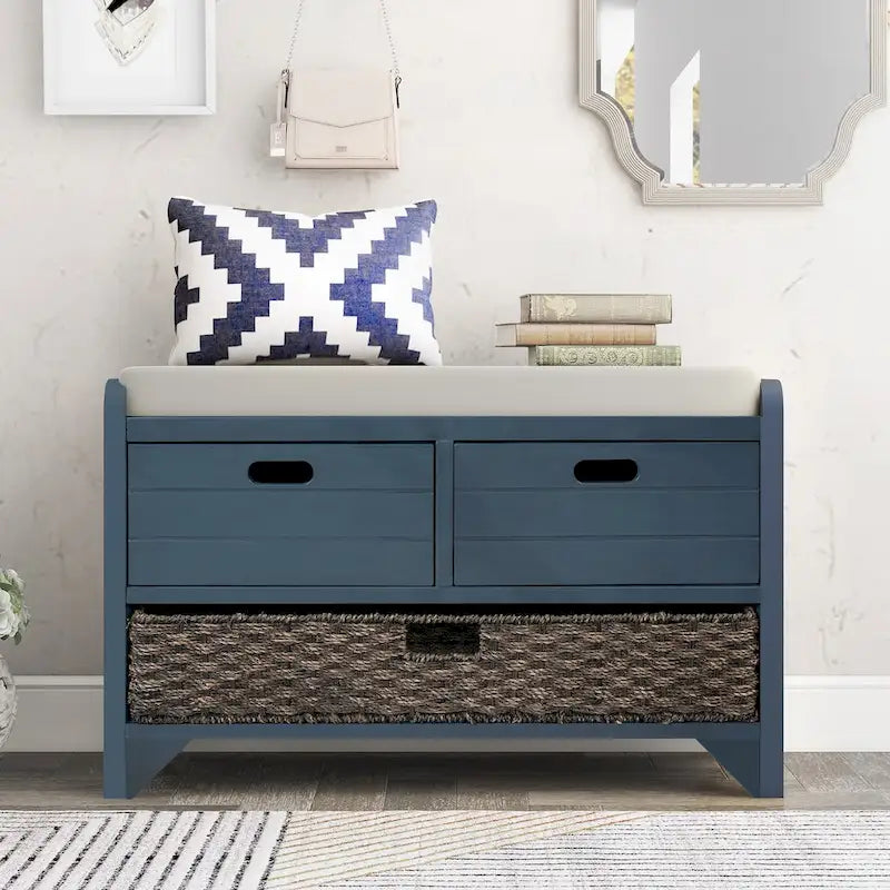 Storage Bench with Removable Basket and 2 Drawers, Fully Assembled Shoe Bench with Removable Cushion