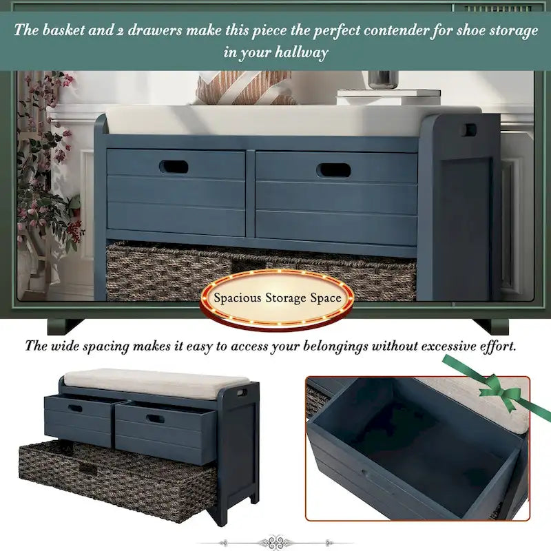 Storage Bench with Removable Basket and 2 Drawers, Fully Assembled Shoe Bench with Removable Cushion