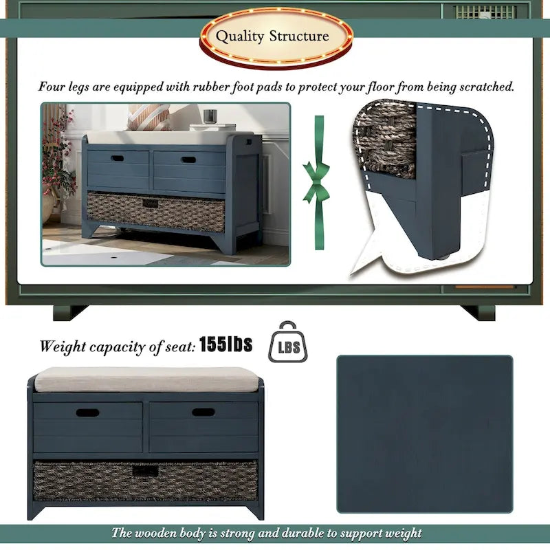 Storage Bench with Removable Basket and 2 Drawers, Fully Assembled Shoe Bench with Removable Cushion