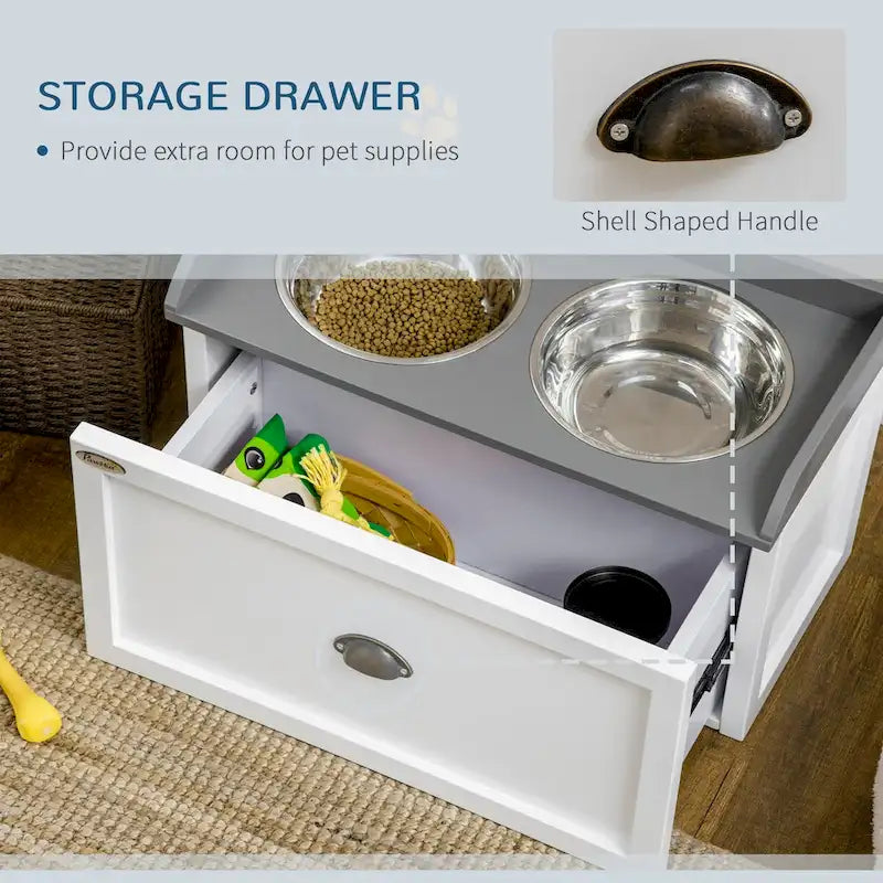 Dog Feeding Station with Storage Drawer, Dog Food Storage Cabinet with 2 Removable Elevated Dog Bowls for Large Sized Dogs